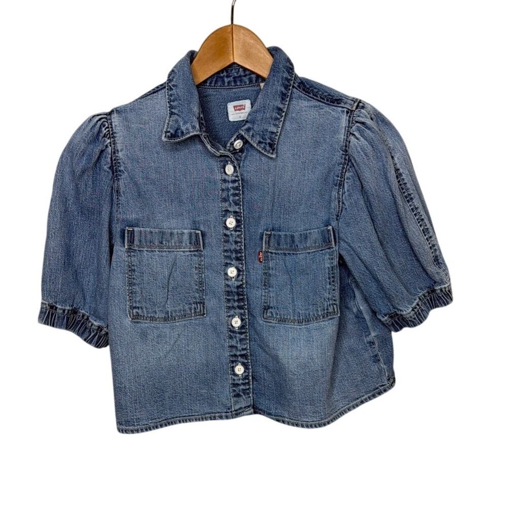 LEVIS Womens Alice Puff Sleeve Denim Top Light Wash Cropped Size Small